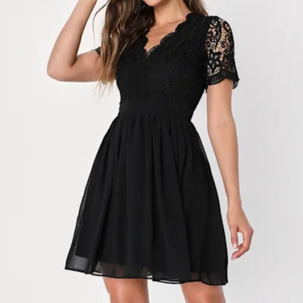 Lulu's Angel in Disguise Black Lace Skater Dress Fit & Flare Black LBD